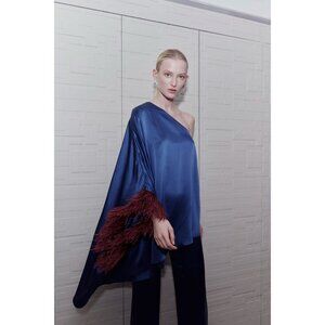 SILKED LONDON One Shoulder Ostrich Feather Silk Trim Top Sz US2 UK6 NEW wo tags